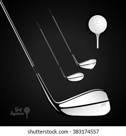 Golf ball and golf stick on the dark background. Vector sport items as design elements.