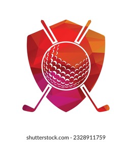 Golf ball and sticks inside a shape of shield vector illustration