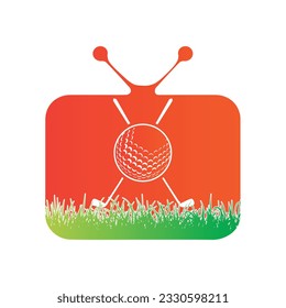 Balón de golf y palos dentro de una forma de ilustración vectorial de tv