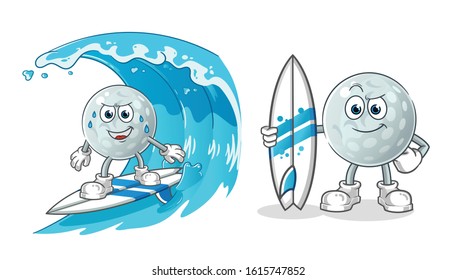 golf ball surfing on the waves cartoon and holding a surfboard. cartoon mascot vector