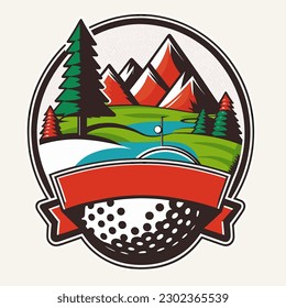 A golf ball symbol with a golf course in the background. Sports disciplines. cartoon vector illustration, white background, label, sticker