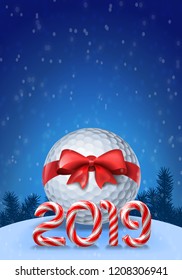 Golf ball tied with a red bow with candy cane numbers of 2019 new year holiday on blue snowy background. Vector illustration