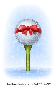 Golf ball tied with a red bow on tee. Winter background. Vector illustration