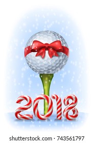 Pelota de golf atada con un lazo rojo en el tee con números de bastón de caramelo de 2018 vacaciones de año nuevo. Ilustración vectorial