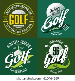 Golf Ball And Trophy Cup Or Bowl For Champions Or Tournaments. T-shirt Print Sportswear Design Or Cloth Logo For Golfer Association Or Sport Club. England Or Scottish Sport Advertising, Team Label