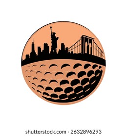 Golf ball vector design, Golf ball inside New York Statue of Liberty cityscape vector logo design