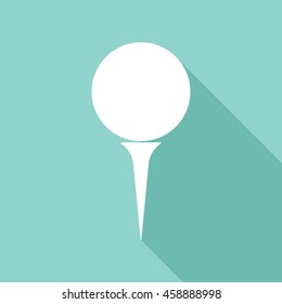Golf ball vector icon with long shadow. White illustration isolated on green background for graphic and web design.