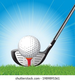 Golf ball vector illustration set on a tee ready to drive. Blue background with white sparkles.