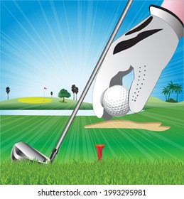 Golf ball vector illustration set on a tee ready to drive. Blue background with white sparkles.