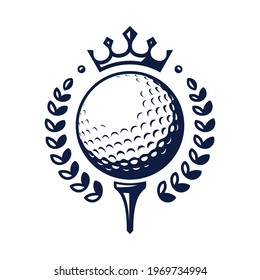 Golf ball vector logo. Golf ball on tee with wreath and crown. Vector illustration