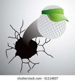 golf ball with visor coming out of cracked wall