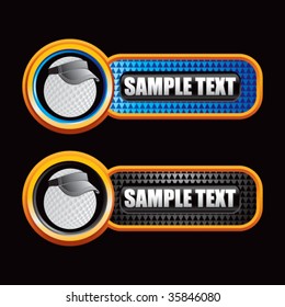 golf ball with visor on blue and black checkered banners