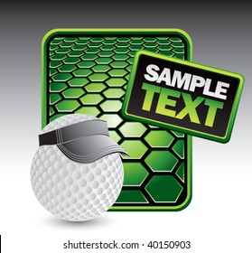 golf ball with visor on green hexagon advertisement