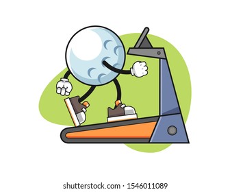 Golf ball walking on treadmill cartoon. Mascot Character vector.