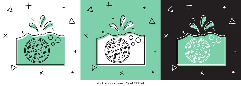 Golf ball in water icon set isolated on white and green, black background.  Vector