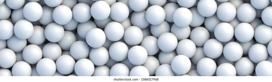 Golf Balls Background. Many White Golf Balls With Dimples Lying In A Pile. Highly Detailed Realistic Vector Background