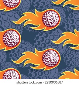 Bolas de golf en llamas fuego incandescente imagen de arte vectorial sin fisuras. Bolas de golf que repiten textura de fondo de mosaico.