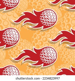 Golf balls and fire flame seamless pattern vector art graphic. Flaming golf ball continuous background wallpaper texture.