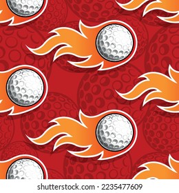 Golf balls and fire flame seamless pattern vector art graphic. Flaming golf ball continuous background wallpaper texture.