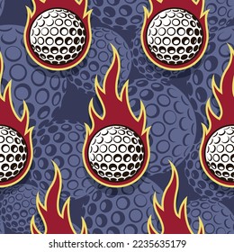 Golfbälle und Feuer Flamme nahtlose Muster Vektorgrafik. Flammengolfball, kontinuierlicher Hintergrund, Hintergrundhintergrund, Struktur.