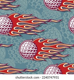 Golf balls and fire flame seamless pattern vector art graphic. Flaming golf ball continuous background wallpaper texture.