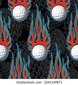 Golf balls and fire flame seamless pattern vector art graphic. Flaming golf ball continuous background wallpaper texture.