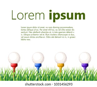 Golf balls on different color tee green grass golf course vector illustration with place for your text isolated on white background web site page and mobile app design.