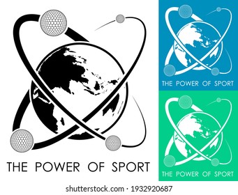 golf balls revolve around planet earth in form of atom. Power and energy of sport. Sport competition emblem. Vector