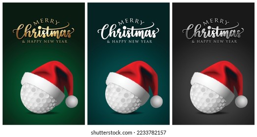 Golf balls and Santa Claus hat - Merry christmas Greeting Cards - vector design illustration Set of green - blue - black Background