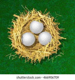 Golf balls in a straw nest on grass background. Top view. Colorful vector isolated illustration