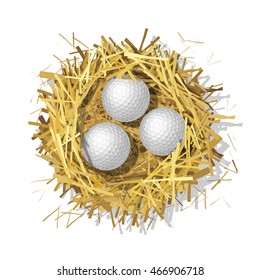 Golf balls in a straw nest on a white background. Top view. Colorful vector isolated illustration