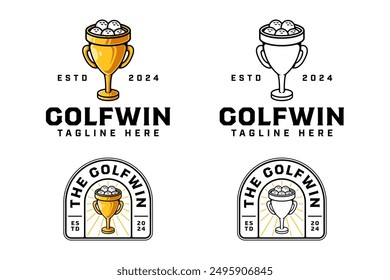 bolas de golf en diseño de logotipo de copa de trofeo para golfista y torneo. club de golf profesional con trofeo de oro y símbolo de bolas logotipo moderno. conjunto de ilustración de logotipo de insignia de emblema deportivo de golf