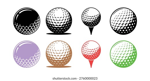 Golf balls in various colors and styles on tees golf tee