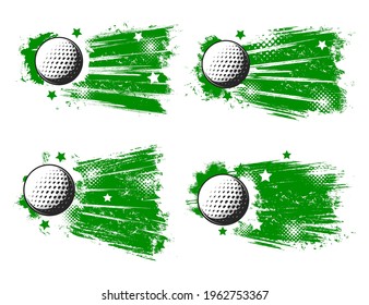 Golf balls vector grunge banners. Sport club, sporting competition, tournament. White balls of golf game player or golfer equipment on green grunge background with halftone pattern and stars