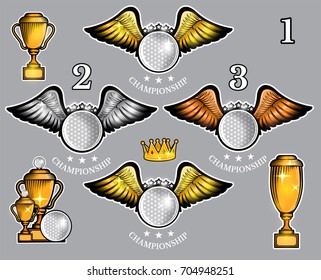 Golf balls with wings cups and crown. Vector set of sport logo for any team and championship