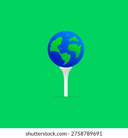 Golf balls world globe vector art illustration design. Globe Earth on tee golf in the green fields graphic poster.