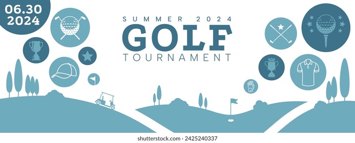 Banner de golf. Cartel del club con la taza y la bola del golf, diseño del volante del torneo con la hierba verde, el putter y la taza. Ilustración vectorial de póster de golf o campeonato de banner