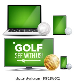 Golf Banner Vector. Golf Ball. Online Stream, Bookmaker, Sport Game App. Design Element. Live Match.  Electronic Gadgets Realistic Illustration