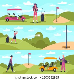 Golf banners. Male and female golf characters playing outdoor sports, golf people chase and hit ball vector background illustration. Hobby golfing activity, female active shot outdoor