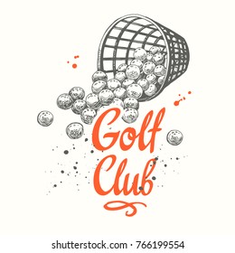 Golf basket with balls. Vector set of hand-drawn sports equipment. Illustration in sketch style on white background. Brush calligraphy elements for your design. Handwritten ink lettering.