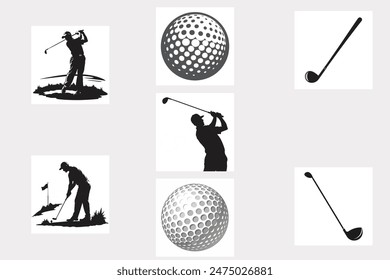 golf bat ball and player vector silhouette