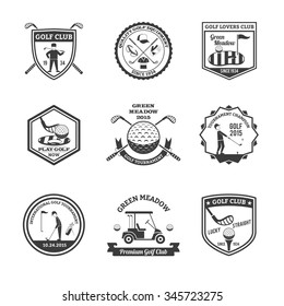 Golf black white emblems set with golf clubs and champions symbols flat isolated vector illustration 