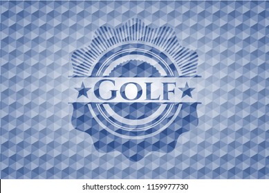 Golf blue emblem with geometric pattern background.