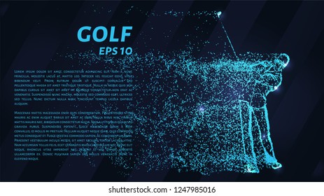 Golf from the blue points of light. Golfer hits the ball from the particles. Vector illustration