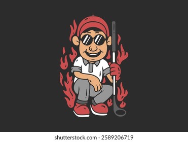 Golf boy character with fire flame illustration design. red white grey colors