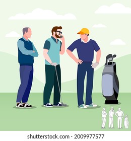 Golf and Business, partners group of young men talking on a golf field at golf course with golf clubs on green grass, cartoon, silhouettes, bundle vector illustration. character in different position.