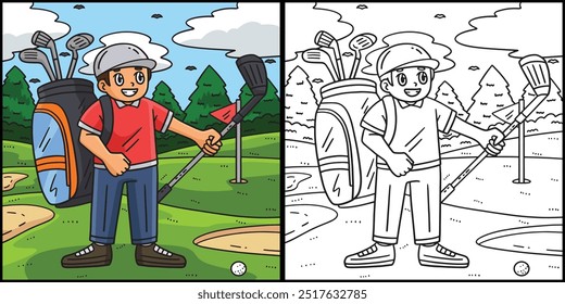 Golf Caddie com um Clube de Ilustração Colorir