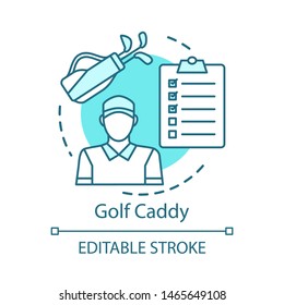 Golf caddy concept icon. Sport coach, trainer idea thin line illustration. Player assistant. Field stadium staff, personnel. Instructor, worker. Vector isolated outline drawing. Editable stroke