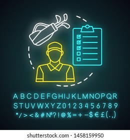 Golf caddy neon light icon. Sport coach, trainer. Player assistant. Field stadium staff, personnel. Instructor, worker. Glowing sign with alphabet, numbers and symbols. Vector isolated illustration