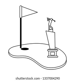 Golf camp with flag and cup in black and white